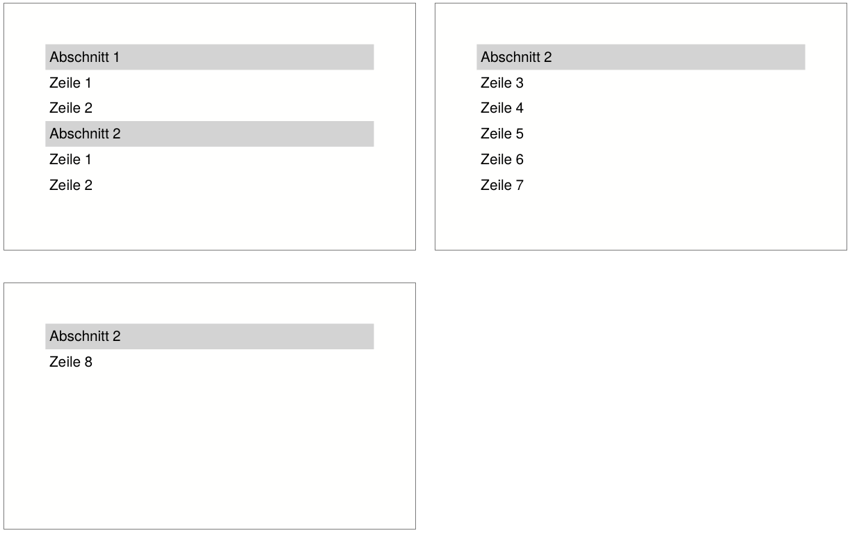 The sections are marked with sethead=&ldquo;yes&rdquo; and are repeated in the table header.