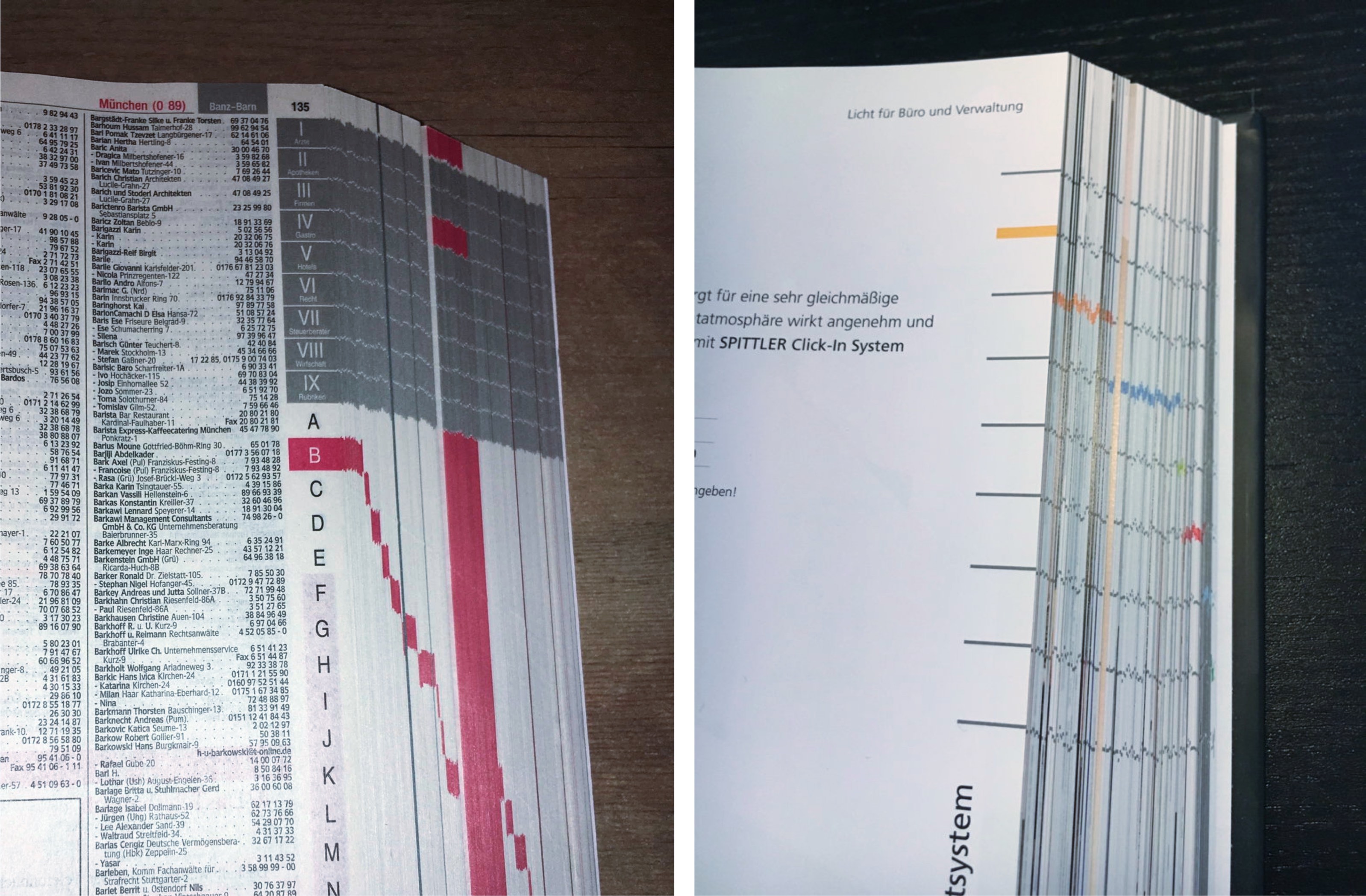 Left: thumb indexes in the phone book (that still exists!). Right: Lines are less obtrusive, yet practical.
