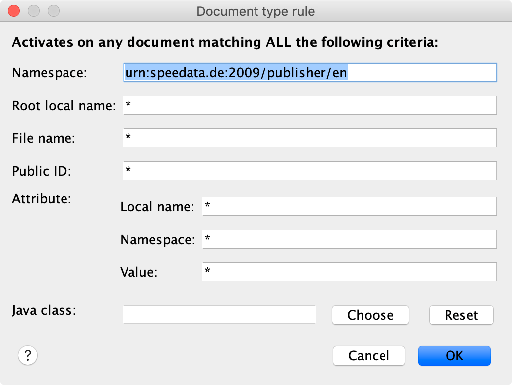 In this window you enter the namespace of the layout (urn:speedata.de:2009/publisher/en).