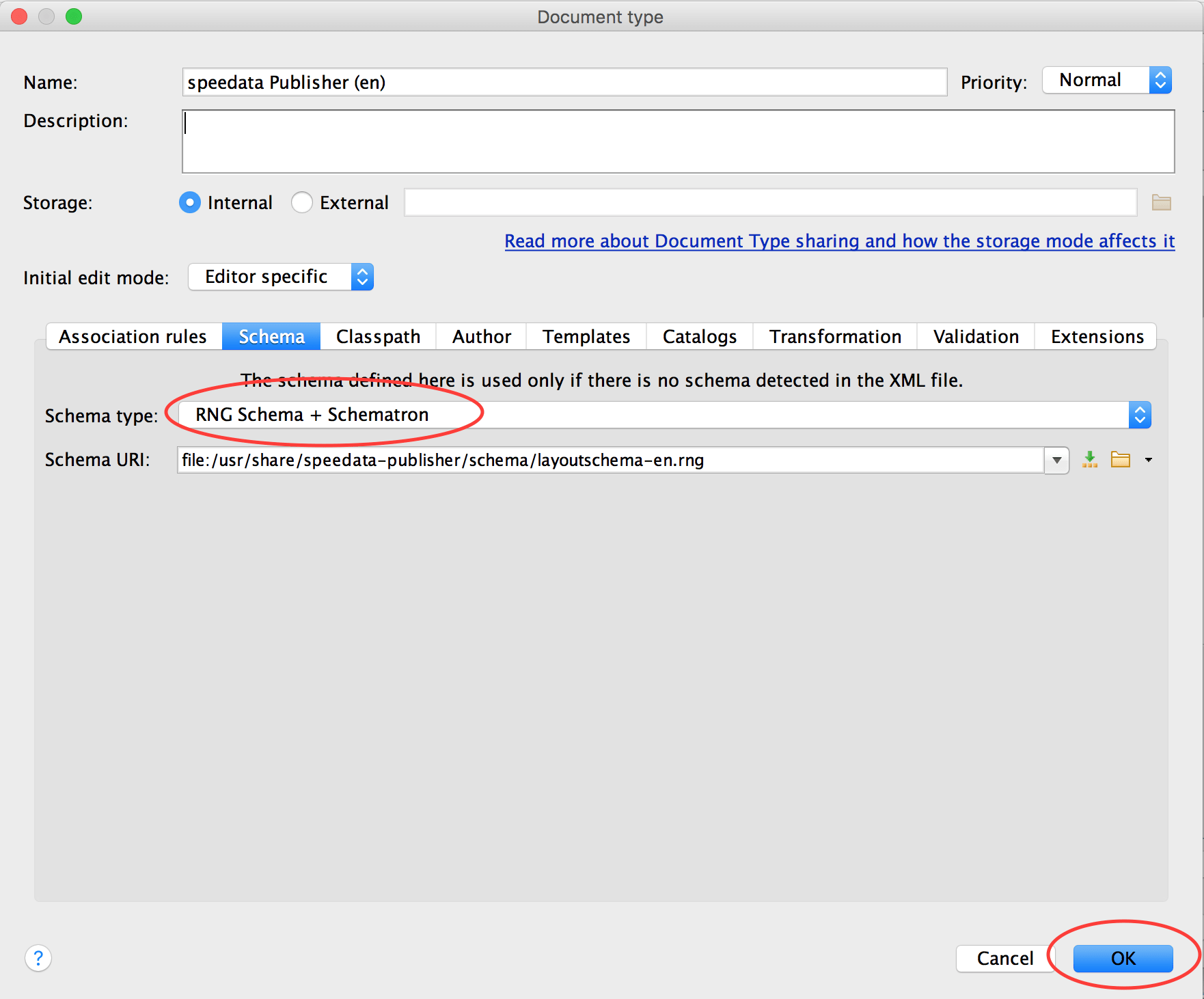 Now you can set RELAX NG + Schematron and select the scheme. In the ZIP file it is located under share/schema/layoutschema-en.rng or ...-de.rng, depending on the desired language for the short description.
