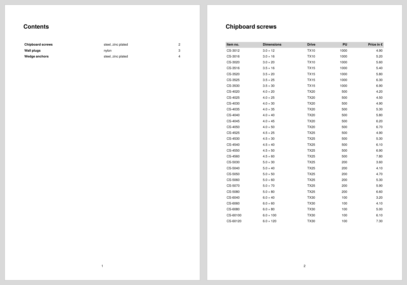 Page 1 shows the contents with the page numbers, the catalog follows from page 2 with one group per page.