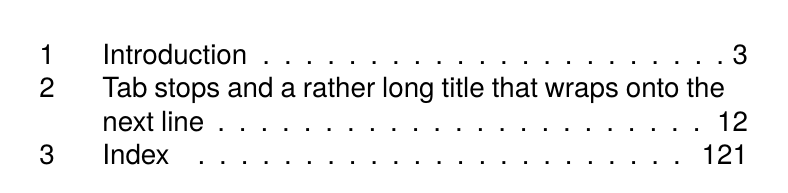 Table of contents with chapter number, title, dot leaders and page number flush right.
