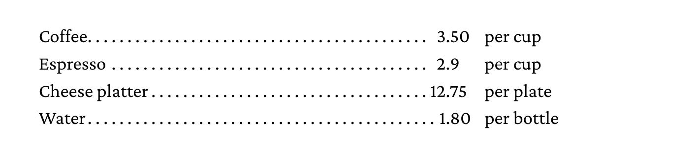 A price list with a decimal tab stop