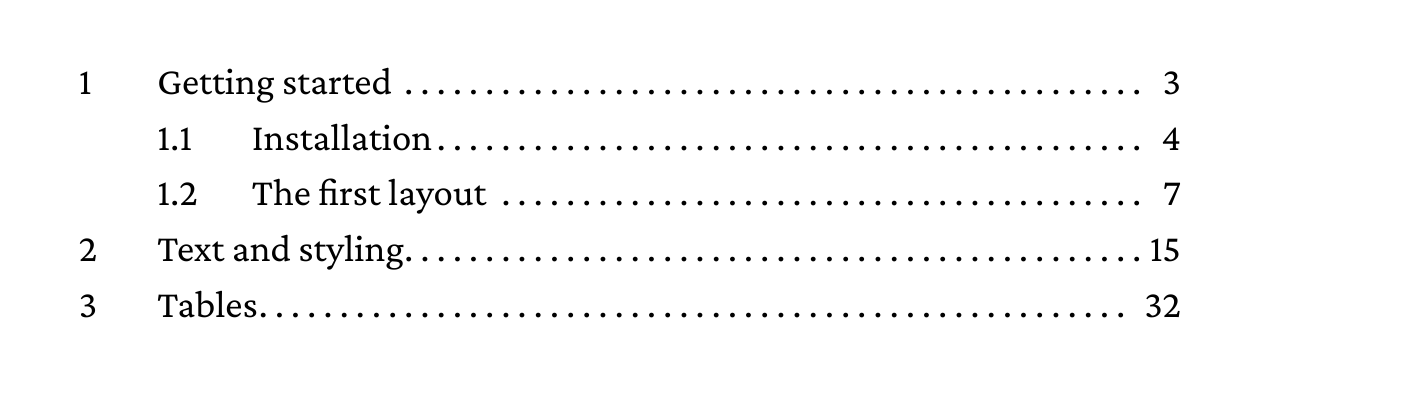 A table of contents with tab stops